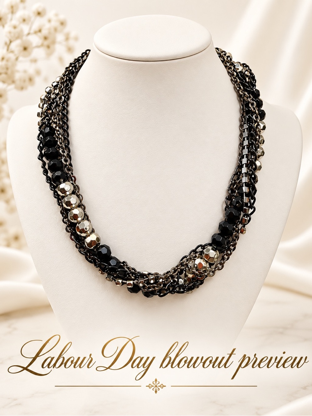 Layered Black and Silver Beaded Statement Necklace